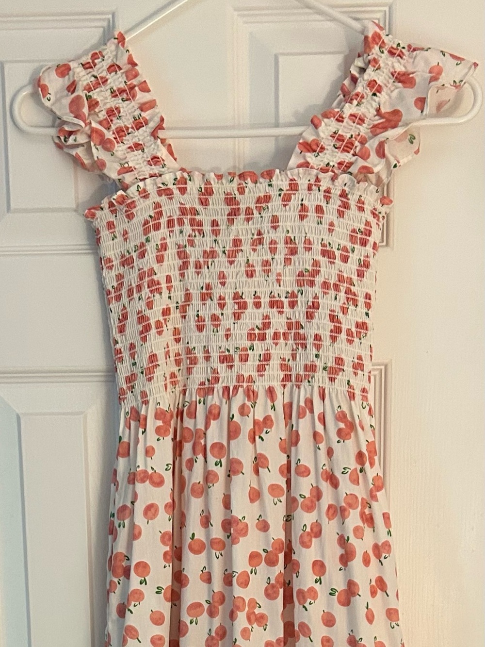 Smocked White Midi Dress with Peach Print